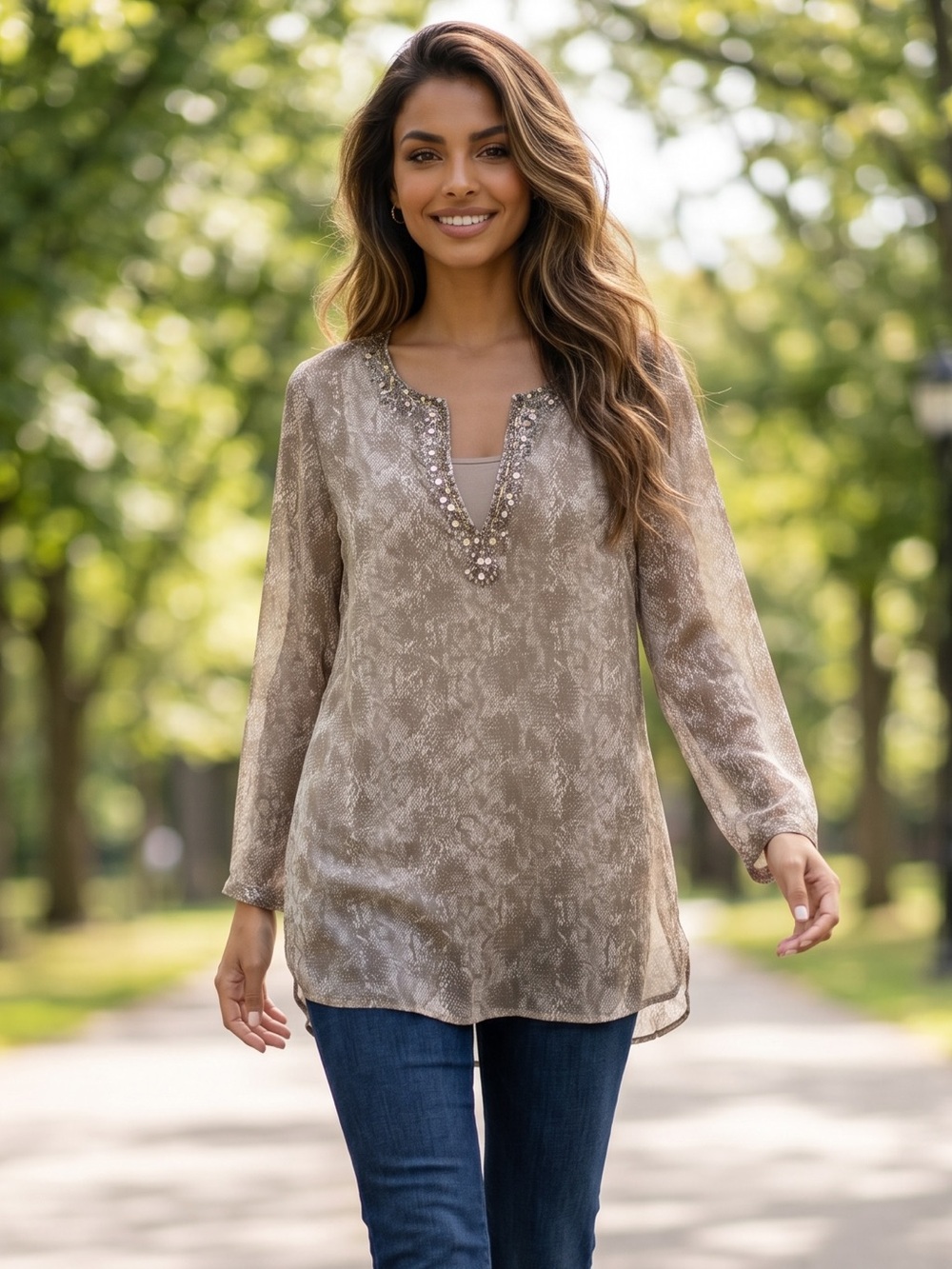 Chico's Taupe-Ivory Beaded V-Neck Sheer Tunic Blouse